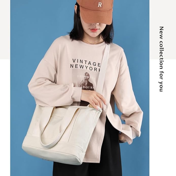 Aucuu Sac Fourre-Tout en Toile pour Femme, Sac à Bandoulière avec Sangle Réglable, Sac à Main pour Femme avec Fermeture éclair, Fourre-Tout Femme pour l'école, Shopping, Travail, Voyages