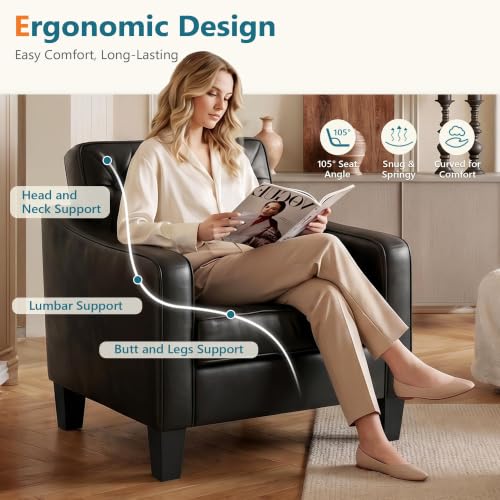 Image of Black Accent Chairs Set 2, Faux Leather Armchair, Mid Century Modern Lobby | STHOUYN Waiting Room Chairs, Tufted Back Upholstered, 330LBS Capacity, Office Guest Chairs Living Room Bedroom