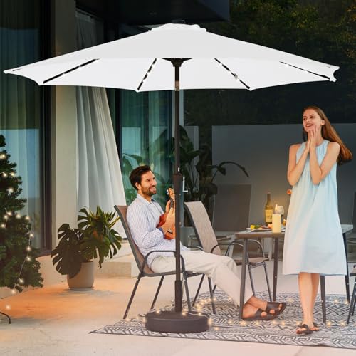 Image of JEAREY 9FT Outdoor Patio Umbrella with Solar Lights, LED Lighted Pool Umbrella with Tilt and Crank, Outdoor Table Umbrellas for Deck, Yard & Market (Cream White)