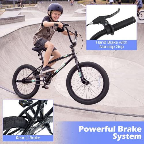 Image of Goplus Freestyle BMX Bike, 20 inch Trick Bicycle w / 360 Degree Steering, 4 Pegs, Adjustable Seat, U-Brake, Hi-Ten Steel Frame, Training Bike for Beginner Riders Teens Youth Boys Girls