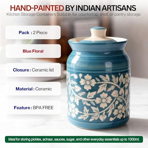 Image of Sky Blue Floral Ceramic Handglazed Pickle Jars Set of 2-1000 ML Each | 1 kg Achaar Martban Barni Jar with Lid | Ceramic Storage Jar Container Pickle, Chatney