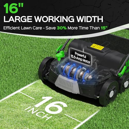 TIECTOWN 2026 Upgrade 16-Inch 15.5 Amp 2-in-1 Electric Dethatcher and Scarifier with 14.5-Gallon Collection Bag, Lawn Dethatcher with 5-Position Depth Adjustment, Keeps Lawn Healthy - Green