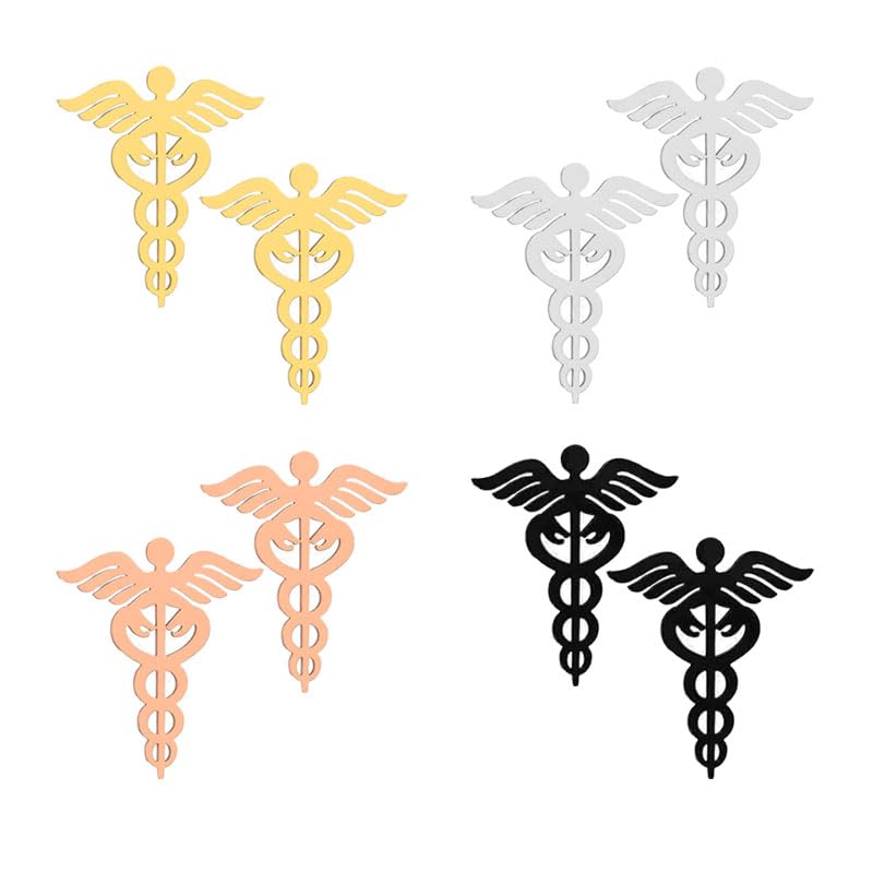 Dreuyet 4 Pairs Medical Symbol Studs Earrings Tiny Stainless Steel Caduceus Angel Nurse Earrings Graduation Jewelry Gifts for Nurse Doctor