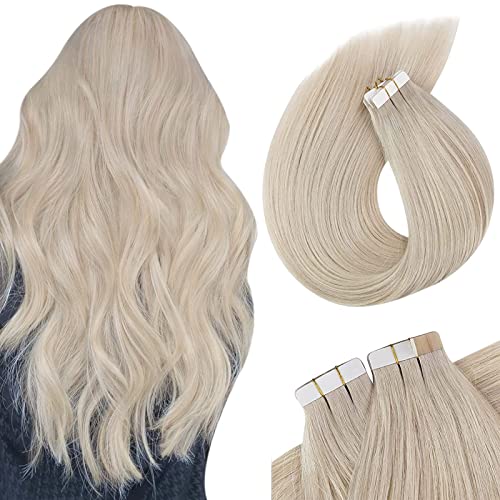 VeSunny Tape In Hair Extensions Real Human Hair Blonde Extensions Tape Ins Platinum Blonde Invisible Remy Blonde Hair Extensions Tape In Human Hair Silky Soft 24Inch 20Pcs 50G