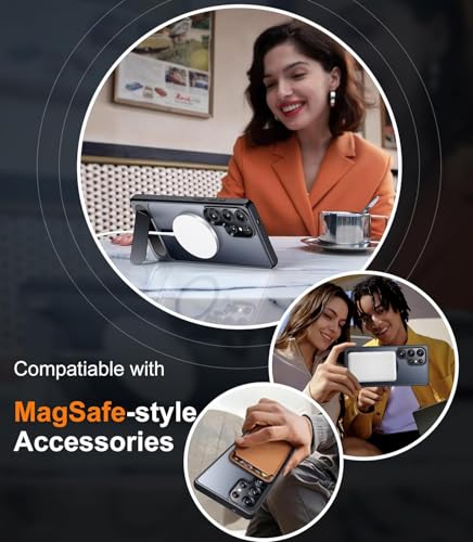 Image of Elzzi Magnetic Cover Compatible for Samsung S25 Ultra 5g Case with Adjustable Metal Kickstand, Compatible with Mag-Safe Translucent Matte Shockproof Protective Phone Case, Black