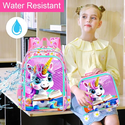 Image of AGSDON 3PCS Unicorn Backpack for Girls, 16 inch Little Kids Preschool Water Resistant Bookbag, Elementary Backpacks and Lunch Box