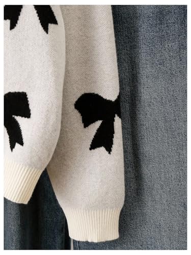 Image of BEAUDRM Girl's Cute Bow Sweater Crew Neck Long Sleeve Drop Shoulder Loose Pullover Tops