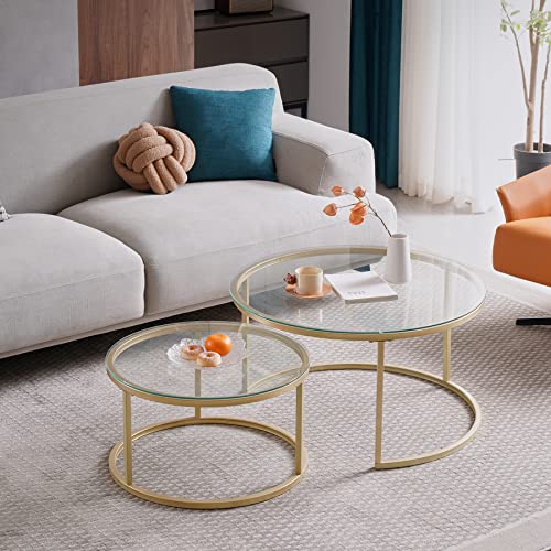 EGOONM Lot de 2 Tables Basses gigognes, Tables Basses Rondes Modernes pour Le Salon, Le Balcon et Le Bureau, Tables d'appoint en Verre Trempé (80 * 80 * 45/60...