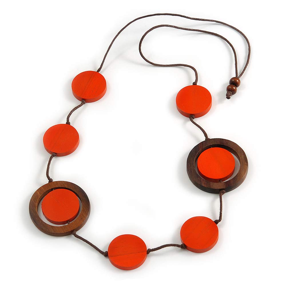Avalaya Collar largo de cordón de algodón con cuentas redondas naranja/marrón, 86 cm de largo, ajustable, talla única, Madera cordones madera