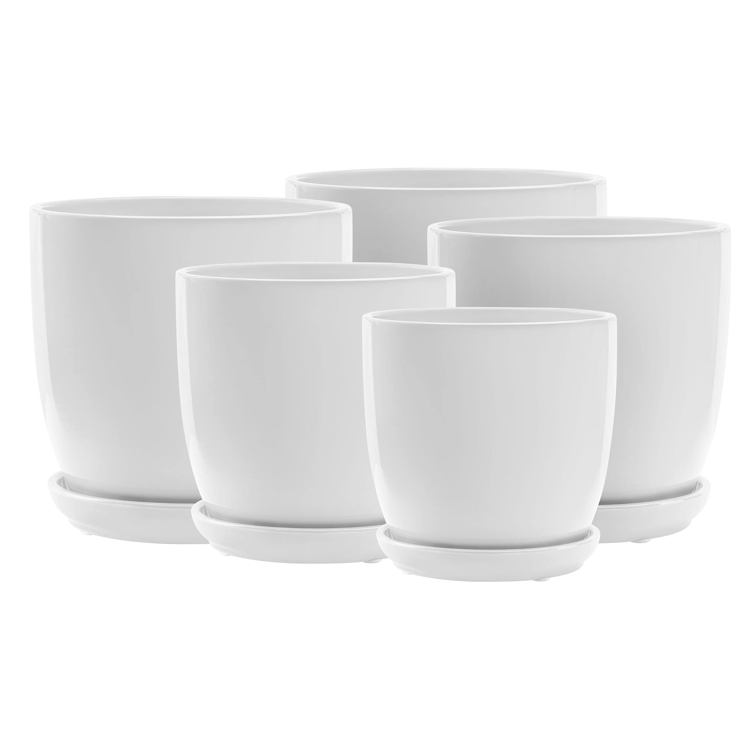 botle Klassischer Blumentopf Keramik Rund Glasiert Untersetzer mit Loch 5 Farben Weiß Gelb Grün Hellblau Betongrau 5 Größen D 13 15 17 18 20 24cm (Weiß, Höhe 19 cm)