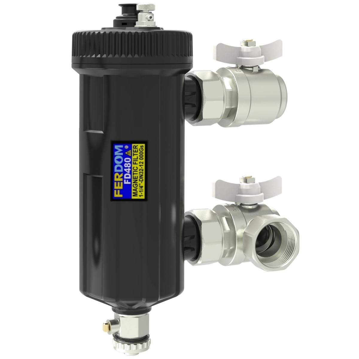 FERDOM FD480 HEAVY 5/4" DN32 Filtro Magnetico Con Separatore Per Riscaldamento Centrale, Pompe di Calore ecc. Magnete 12000Gs. Doppio Filtraggio 3000μm e 700μm. Per impianti da 70kW. 2 valvole da 5/4"