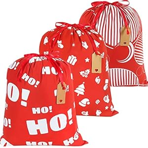 GINOYA Cotton Christmas Gift Bags, 3pcs Reusable Santa Sacks Cloth Pouches with Drawstring for Xmas Presents Party Favor