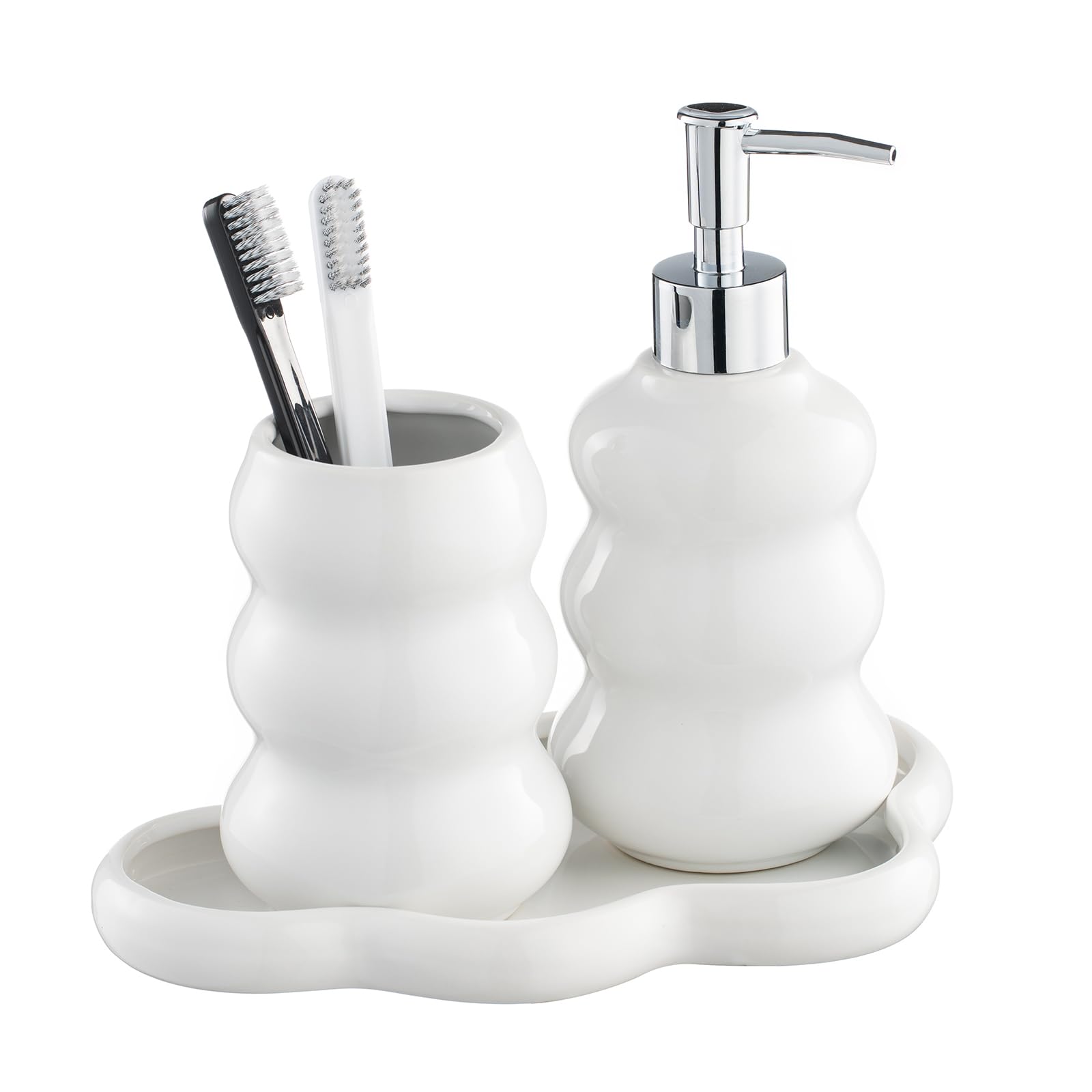 3-Piece White Ceramic Bathroom Accessories Set with Tray, Lotion Dispenser, and Tumbler for a Luxurious Bath Experience
