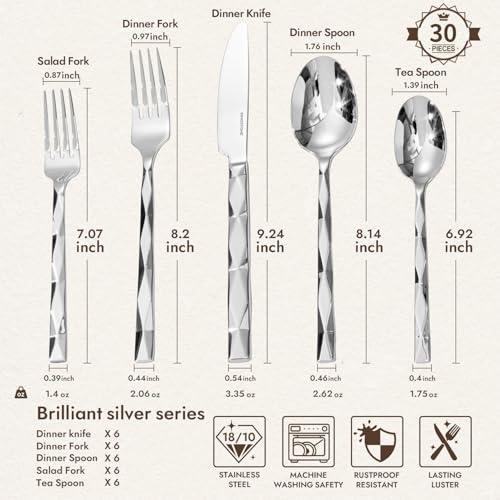 Image of KINGSTONE Silverware Set, Luxury 30 Piece Flatware Set for 6, 18 /10 Stainless Steel Cutlery Set with Diamond Cut Pattern for Kitchen, Home, Wedding, Party, Mirror Polished and Dishwasher Safe