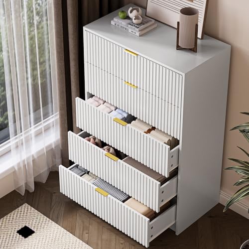 Image of MAISONARIA 5 Drawer Dresser for Bedroom, Tall Dresser Chest of Drawers with Gold Handles, 32 Inch Wide Nightstand with for Bedroom, Living Rooms, Offices, and Entryways, White