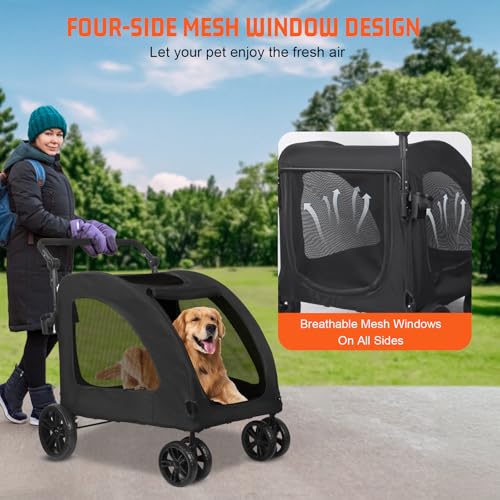 Vinteky Hundewagen Hundebuggy Hundebox, für mittelgroße bis große Hunde, Transporttasche Faltbar klappbar bis 30kg, Haustiere Buggy mit Netzfenstern Getränkehalter, Jogger Schwarz