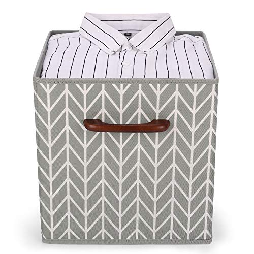 MaidMAX Fabric Storage Bins - Collapsible Organizer Cubes - Shelf Baskets Containers with Wooden Handles for Home Closet Bedroom Drawers Organizers Grey Branches, Set of 6, 10.5×10.5×11 inches - Thumbnail 6