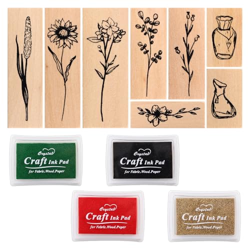 NICKLIN Juego de 12 sellos de madera, sello de flores naturales de plantas, sello de goma, madera vintage, sello de diario, sello de madera, hojas, plantas, hierbas para manualidades