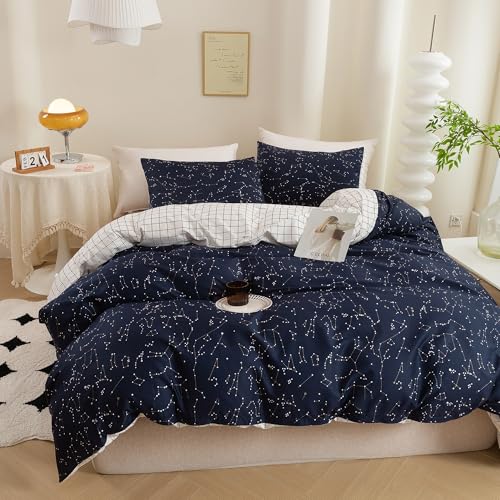 ECOCOTT Duvet Cover King, 3 Pieces 100% Natural Cotton 1 Duvet Cover +2 Pillowcases Bedding Set,Navy and Cosmic Constellation Reversible Printed Pattern Breathable and Durable Duvet Cover King Size