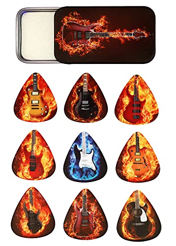 Tin of 9 Flaming Guitar Plectrums - Double sided - Harmony Picks