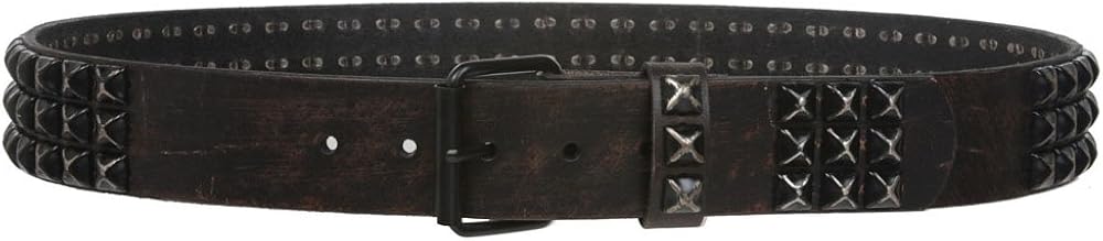 Snap On 1 3/4" Three Row Punk Rock Star Distressed Black Studded Leather Belt