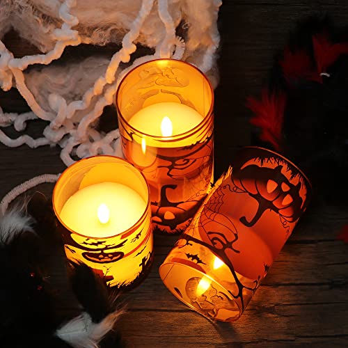 Image of GenSwin Halloween Candles with Pumpkins, 3 Pack Flameless Candles with Remote Timer, Orange Pumpkin Glass Candles Battery Operated with Spiderweb, Halloween Spooky Indoor Decorations (D3 inch x H4 inch5 inch6 inch)