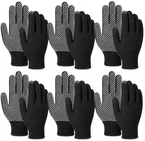 ITISMUNGO 6 Pairs Work Gloves with Anti-Slip Grip Dots - Thin Breathable Cotton Gloves for Men & Women - Stretchy Cloth Gloves for Warehouse Gardening & Woodworking (Black)