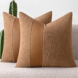 MIULEE Boucle Throw Pillow Covers 18x18 Inch Set of 2 Brown Faux Leather Textured Decorative Pillow Cases Boho Farmhouse Accents Cushion Covers for Couch Bed Livingroom Home Decor