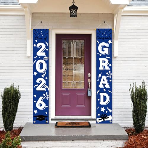 Image of Graduation Porch Banner Class Sign Congrats Grad Hanging Flags High School College University Party Decoration For Front Door Outdoor Blue White