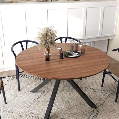 LUCKYERMORE 53" Round Dining Table for 4-6, Mid-Century Modern Dining Room Table with Metal Cross Legs, Large Wood Leisure Circle Coffee Table for Kitchen, Office, Living Room, Walnut, Easy-Assembly