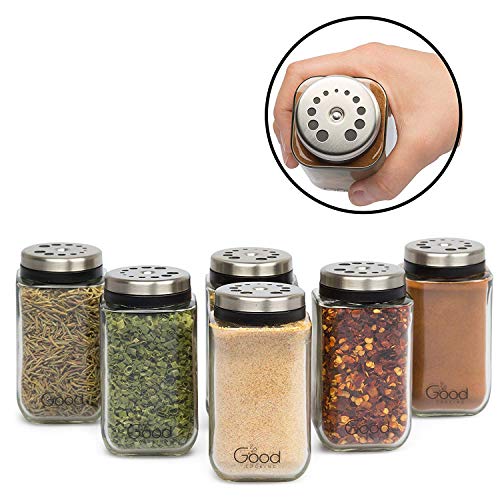 Adjustable Glass Spice Jars- Set of 6 Seasoning Shaker Rub Container Tins with 6 Pouring Sizes