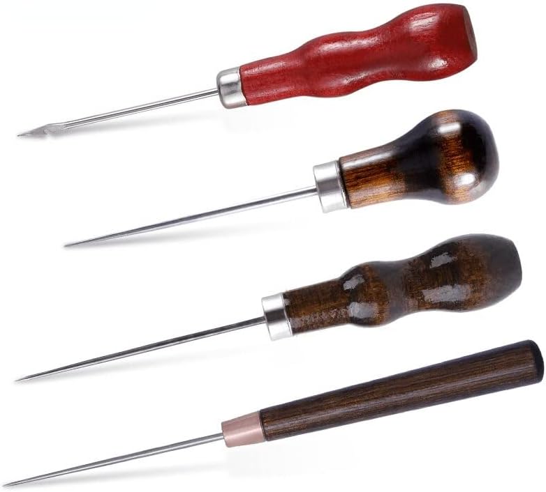4PCS Wooden Handle Sewing Awl Scratch Awl Tool Pin Punching for Leather Pouch Hole DIY Handmade Stitcher Shoe Repair Tools