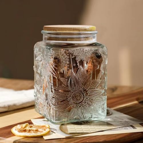 Image of ANSQU Square Glass Jar with Lid, 25.3oz Vintage Coffee Canister | Glass Food Storage Container for Ground Coffee, Tea, Sugar, Candy, Decorative Glass Jar, Cute Jar
