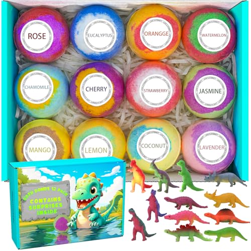12 pack of bath bombs for kids with surprise toy inside fun educational toy Dino Fizzy Balls w/Rich Bubbles organic dinosaur bath bomb gift set kids Bubble Bath Dino Egg for Kids 3 4 5 6 7 8 9 Year