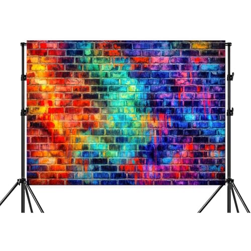 Colorful Rainbow Brick Wall Backdrop, Neon Graffiti Brick Photography Background, Urban Street Art Themed Banner for 80s 90s Hip Hop, Birthday, Graduation & Glow Party Decorations 10X8FT by Dongbei - Used condition - Image 3