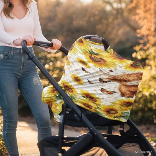 Image of Wanyint Baby Car Seat Covers Carseat Canopy for Boys Girls, Multi-Use Nursing Breastfeeding Covers Mothers Nursing Scarf, Highland Cow Butterfly Sunflower