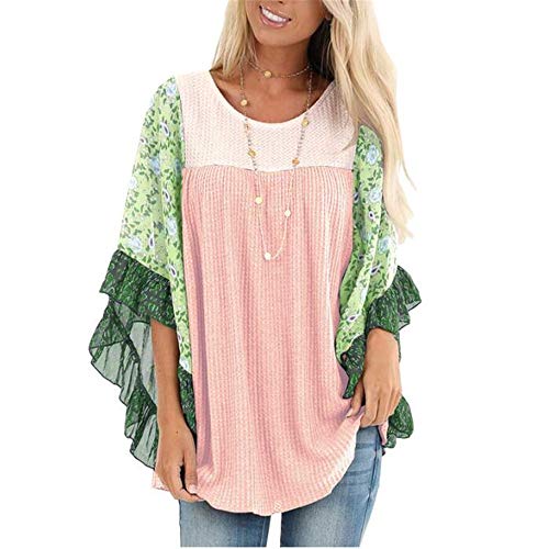 Preisvergleich Produktbild FrüHling Und Sommer Damen Rundhalsausschnitt Lose Fledermaus äRmel Gedruckt Farblich Passendes Waffel-T-Shirt-Oberteil
