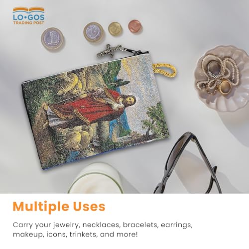 Image of TREE OF LIFE REV. 22:14 Catholic Rosary Pouch, 4 inch x 6 inch Jewelry & Coin Purse with Cross, Small Woven Tapestry Icon Bag, Bolsa de Rosario Catolico para Joyeria, Jesus the Good Shepherd & Psalm 23,