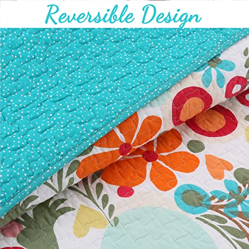Cozy Line Home Fashions Pink Green Blue Orange Colorful Floral Whimsy 100% Cotton Reversible Girl Quilt Bedding Set, Coverlet, Bedspread (Twin - 2 Piece: 1 Quilt + 1 Standard Sham)