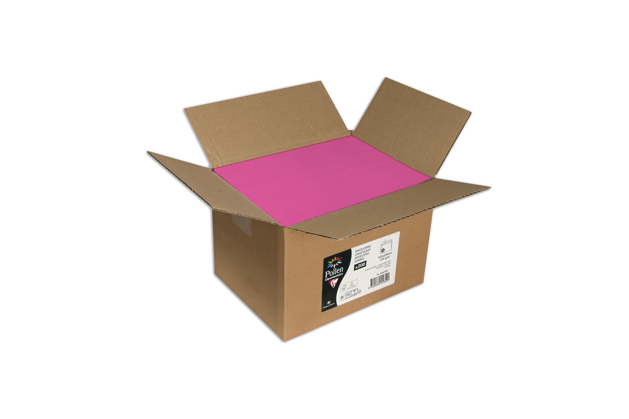Clairefontaine 55652C - Confezione da 200 Buste gommate - Formato C5 (16,2x22,9cm) - 120g/m² - Colore fucsia -Inviti eventi e corrispondenza- Gamma Pollen - Carta Premium Liscia