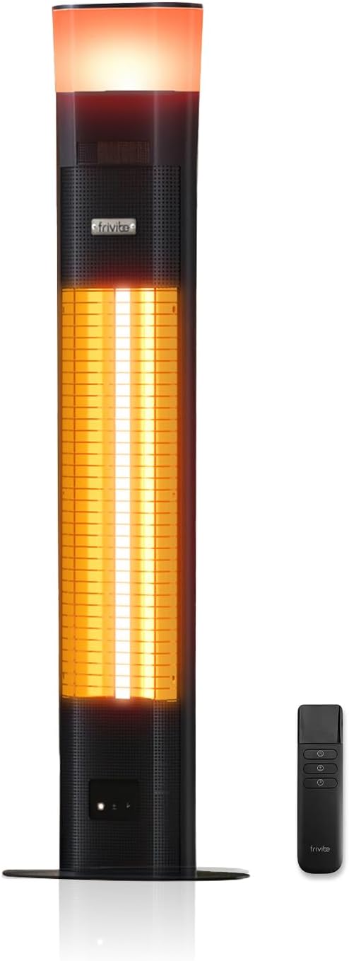 Outdoor Electric Patio Heater, Built-in Speaker & RGB Mood Light, 43 inch, 1500W Infrared Tower Heater with 5-Heat Levels, IP65 Waterproof, 24H Timer, Aluminum Unibody, For Garage, Bedroom, Deck Use with Remote