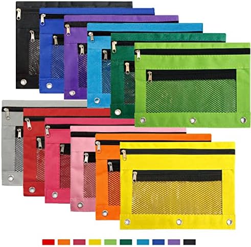 Binder Pouch 3 Ring Pencil Pouches, 12 Pack 12 Color Zipper Pencil Case Pencil Bags with Double Pocket for Storing School Supplies
