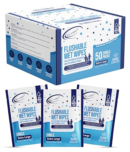 Air Jungles Flushable Wipes Travel Size Individually Wrapped 50 Ct On-the-Go Butt Wipe with Aloe Vera & Vitamin E Ultra Soft and Large for Adult and Kid 97% Water - XL 7 X 7 in Fresh Scent