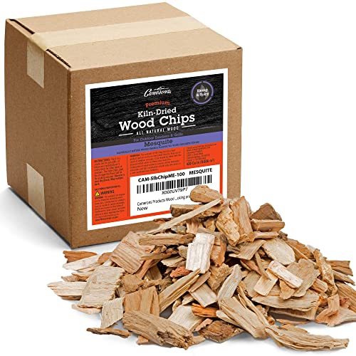 Camerons All Natural Mesquite Wood Chips for Smoker -420 Cu. In. Box Approx 5 Pounds- Kiln Dried Coarse Cut BBQ Grill Wood Chips for Smoking Meat- Barbecue Smoker Accessories - Grilling Gifts for Men