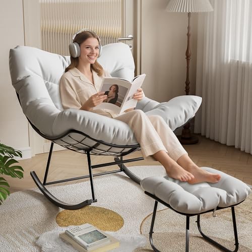 GarveeLife Oversized Lounge Chair with Footrest, Outdoor Papasan Rocking Chair with Ottoman and Sturdy Metal Frame, Patio Rattan Egg Rocker for Balcony Backyard Porch Bedroom, White