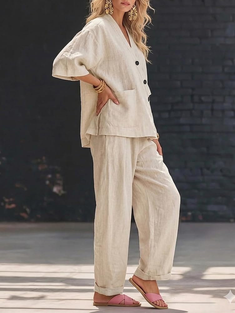 shownicer Ensemble Femme Coton et Lin 2 Pièces Chic et Elegant Tenue Manches Courtes Tops Et Pantalon Ensembles en Lin Décontractée Ete Tenue