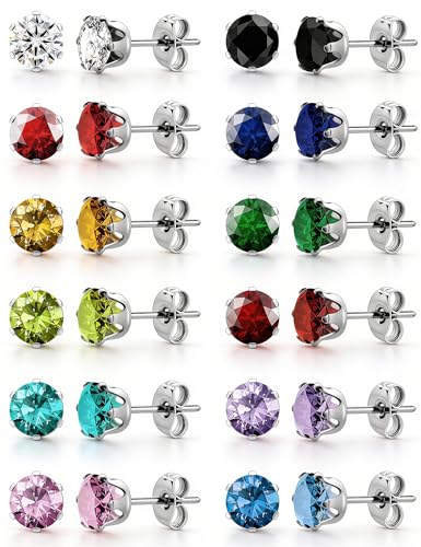 12 Pairs Hypoallergenic Surgical Steel Studs &ndash; 12-Color Cubic Zirconia Earrings for Women & Men'