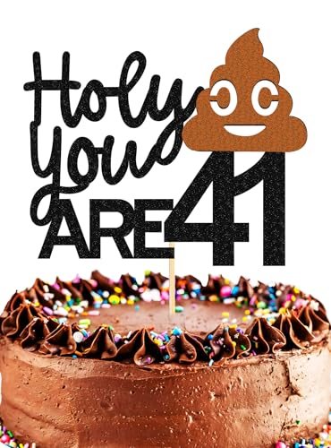 Holy Sh*t You are 41 Cake Topper - Black Glitter 41th Birthday Cake Decorations, Funny 41th Birthday Cake Pick (41TH)