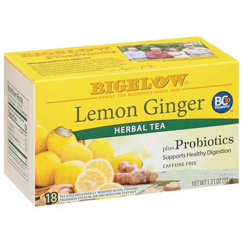 Bigelow Tea Lemon Ginger plus Probiotics Herbal Tea, Caffeine Free Tea, 18 Total Tea Bags (Pack of 1)