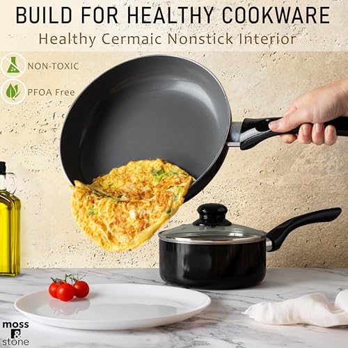 Image of Moss & Stone 6 Pcs Black Nonstick Cookware Set, Pots And Pans Set Non stick With Glass Lid, Induction Cookware, Stay-Cool Handle PTFE /PFOA Kitchen Pots 6-Piece with Frying Pans & Saucepan